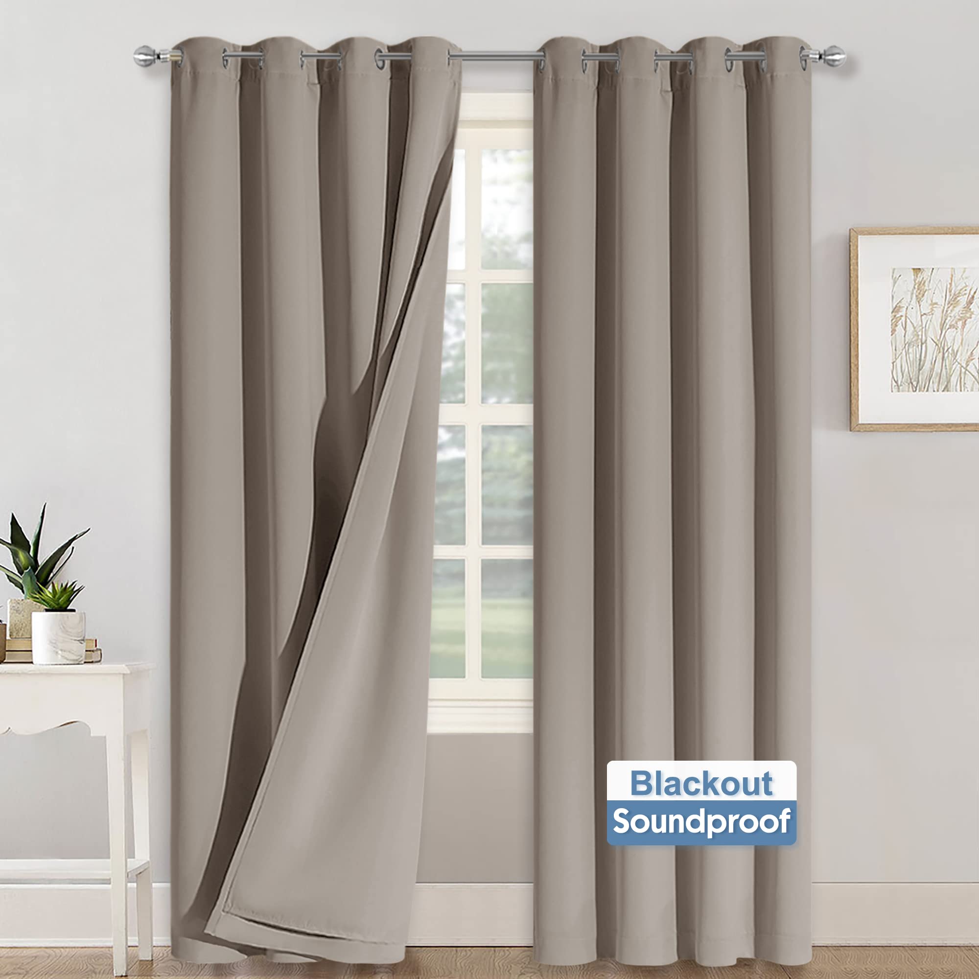 RYB HOME 3-in-1 Soundproof Blackout Thermal Insulated Curtains Set - 3 Layer Heavy Grommet Drapes for Bedroom, Living Room & High Ceiling Windows (52x84 Inches, 2 Panels, Sand Color) - Perfect for Noise Reduction, Light Blocking & Temperature Control in Home Offices, Nurseries & Media Rooms