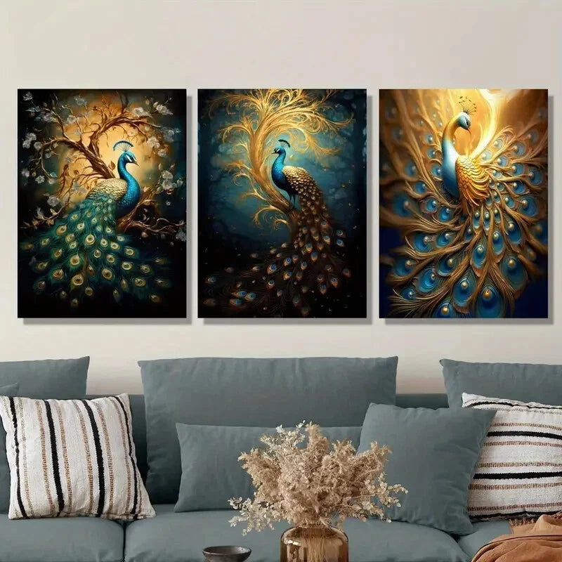 3-Piece Golden Peacock Metal Wall Art with Vibrant Blue & Gold Print - Ready to Hang Home Decor for Living Room, Bedroom & Office