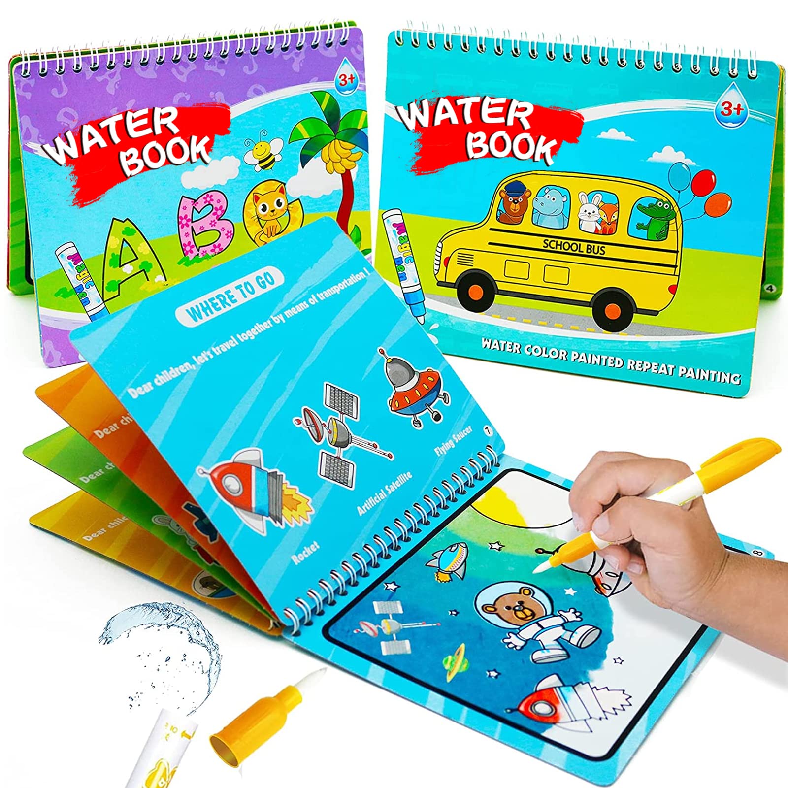 Hapray Magic Water Paint Coloring Books for Toddlers Age 2-4 | Reusable Educational Learning Doodle Art Toy | Alphabet & Transportation 2-Pack | Perfect Gift for 1-3 Year Old Boys & Girls | Fun Bath Time & Travel Activity Toy