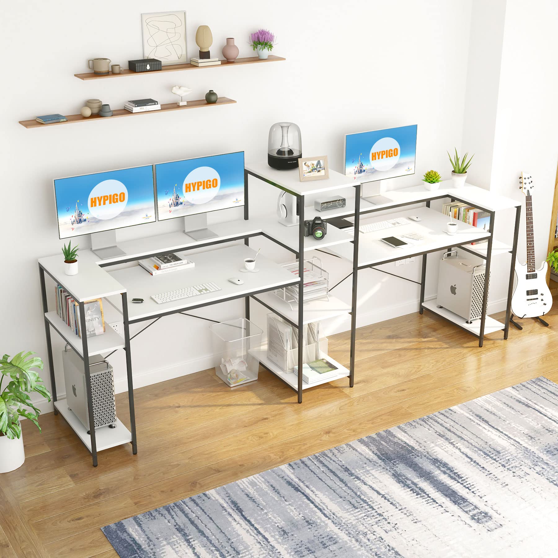 109-Inch Extra Long White Double Computer Desk with Storage Shelves & Monitor Stand - Large Two Person Workstation for Home Office, Study, Writing & Gaming Setup