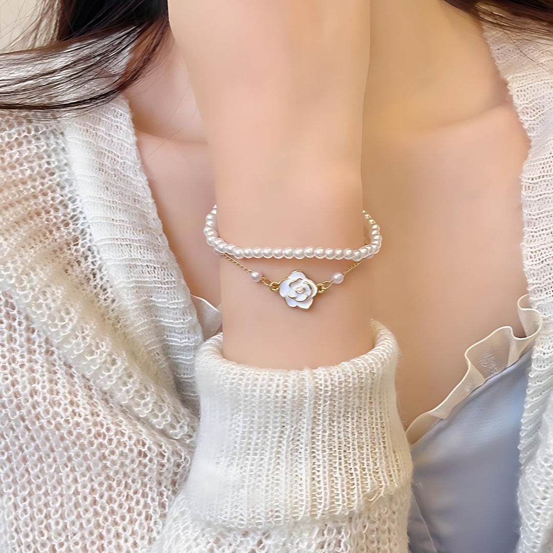 Dainty Camellia Charm Ivory Pearl Bracelet for Women | Elegant Adjustable Fashion Jewelry Gift | Perfect for Weddings, Parties & Everyday Wear | HB1205