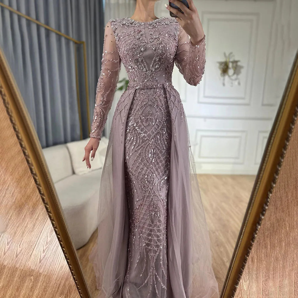 Elegant Muslim Silver Mermaid Evening Gown with Detachable Beaded Overskirt - Women's Formal Wedding & Party Dress LA71919 | Perfect for Bridal Showers, Red Carpet Events & Special Occasions