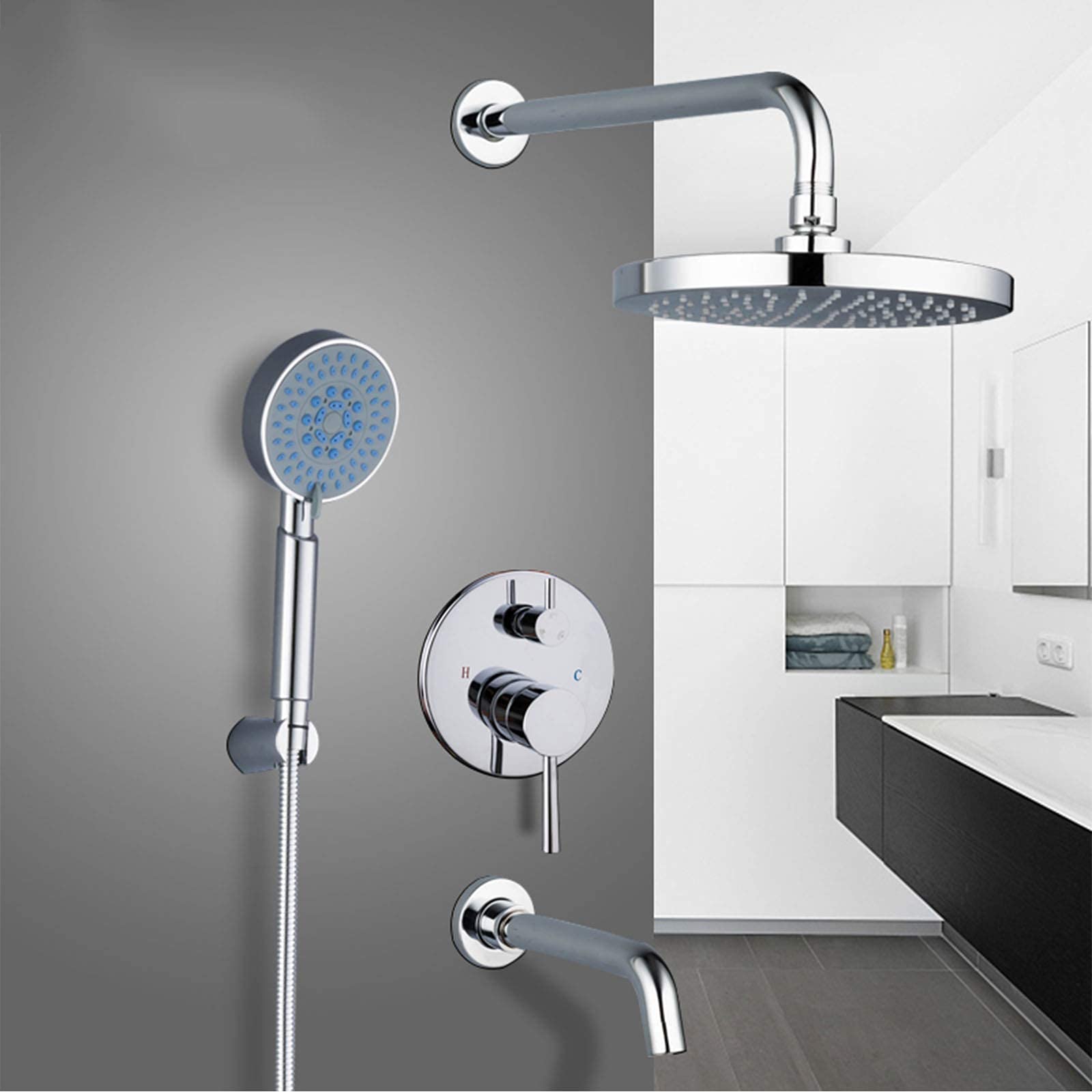 8 Inch Round ABS Shower Faucet Set with Handheld Showerhead - Chrome Wall Mount Bath Shower Mixer System for Modern Bathroom & Spa Experience