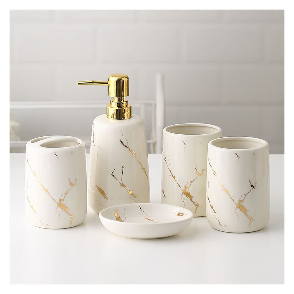 XUE JUAN 1983 Ceramic Soap Dispenser Set - 5 Piece Bathroom Accessories Kit with Lotion Dispenser, Toothbrush Holder, Tumbler & Soap Dish - Elegant White Bath Decor for Modern Homes, Spa-Like Experience