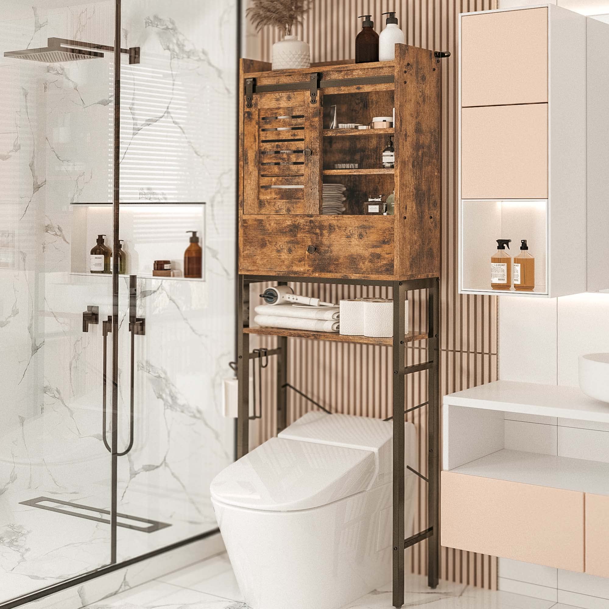 Vintage Brown Over The Toilet Storage Rack with Cabinet & 6-Tier Shelves - Adjustable Bathroom Organizer with Sliding Door, Paper Hook - Space Saving Solution for Small Bathrooms, Apartments & Dorm Rooms