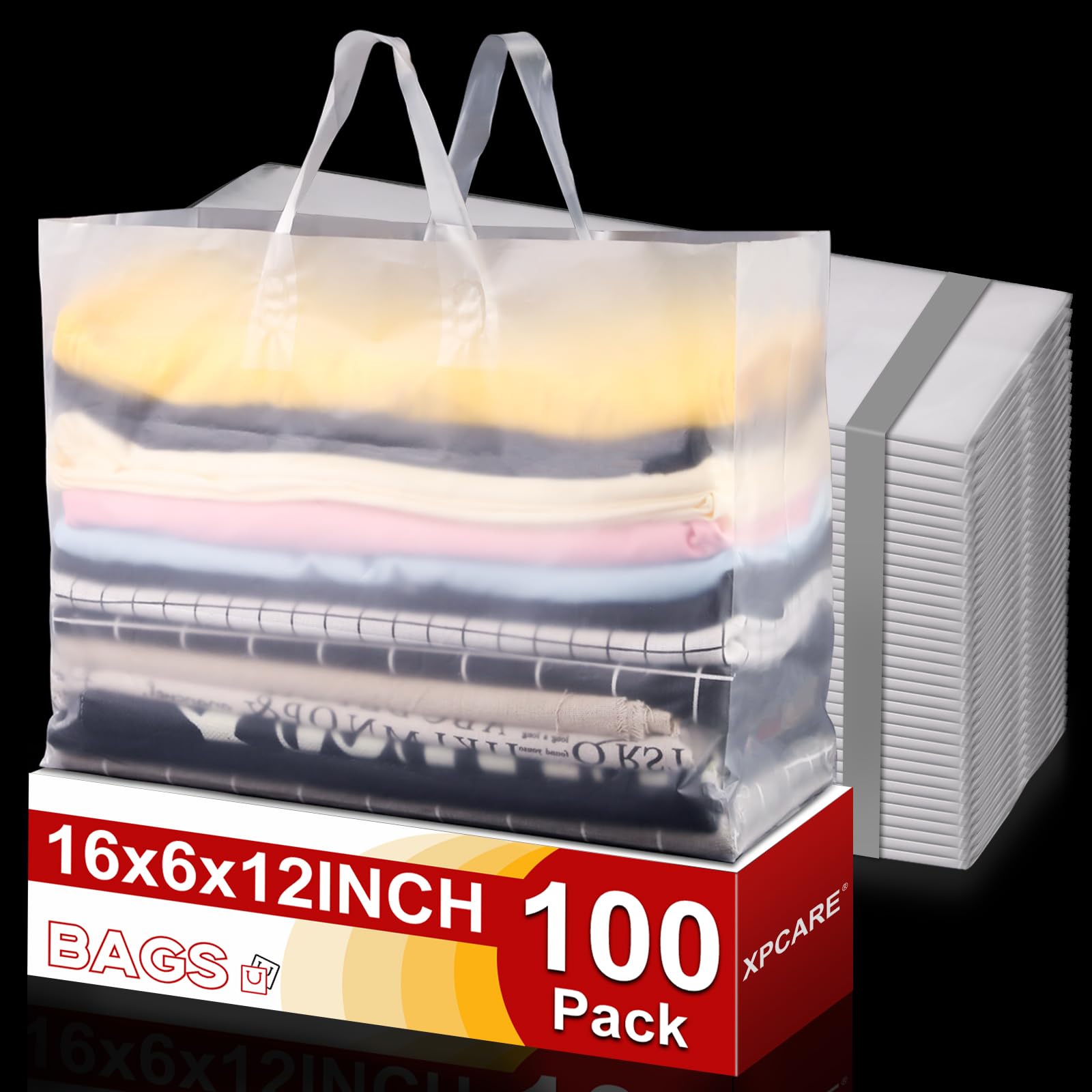 XPCARE 100 Pack Frosted Plastic Gift Bags with Handles - 16x6x12 Inches, White - Perfect for Small Business, Boutique, Retail Store, Party Favors, Wedding Gifts & Merchandise Packaging
