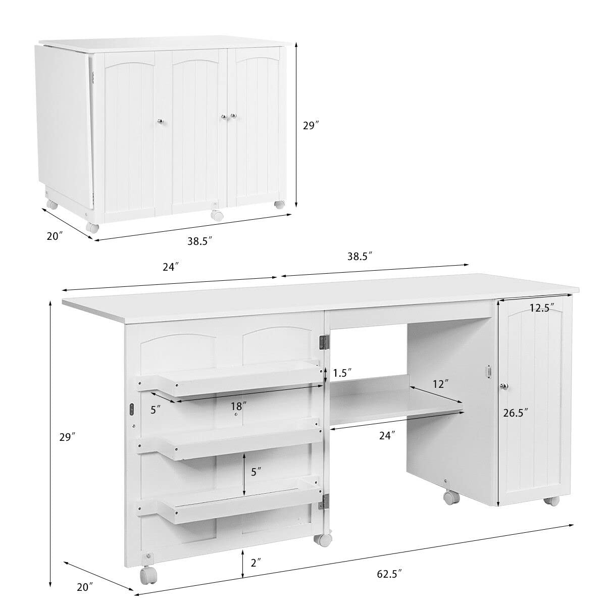 Wooden Folding Sewing Table with Adjustable Storage Shelves & Lockable Casters - Portable Rolling Sewing Cabinet Desk for Small Spaces, Craft Room & Quilting Studio (White) | Perfect for Sewing Projects, DIY Crafts & Home Organization