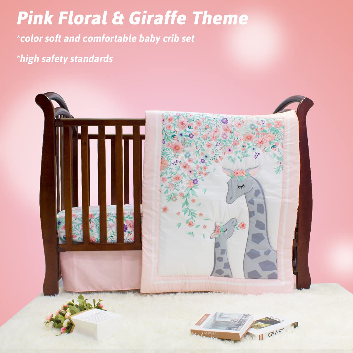 Pink and Grey Princess Baby Girl Crib Bedding Set - 3 Piece Mini Floral Nursery Crib Set for Girls | Soft & Safe Crib Sheets, Fitted Crib Skirt, Bumper | Perfect for Newborn Nursery, Baby Shower Gift, Toddler Bedroom Decor