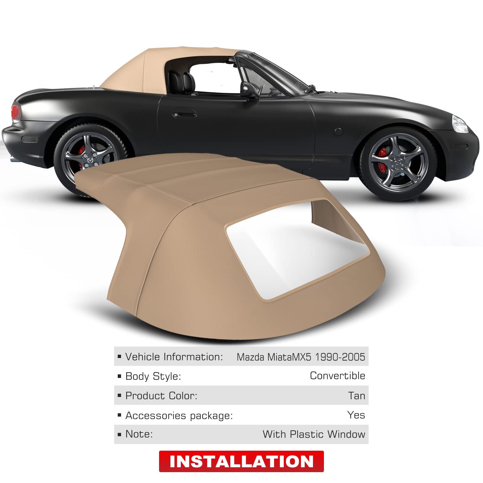 Premium Tan Convertible Soft Top with Plastic Window for Mazda Miata 1990-2005 | MA14 MA1100339902 | Durable Replacement Convertible Top for Roadster & Weekend Cruising