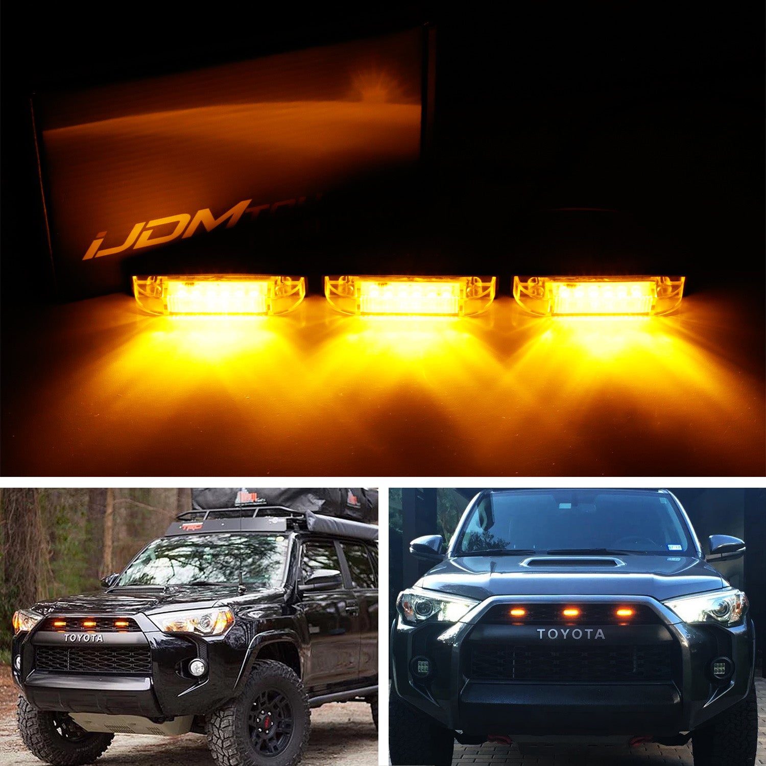 3PCS Amber LED Grille Marker Lights with Wiring Harness for Toyota Tacoma 4Runner TRD - Durable Off-Road Lighting for Trucks & SUVs