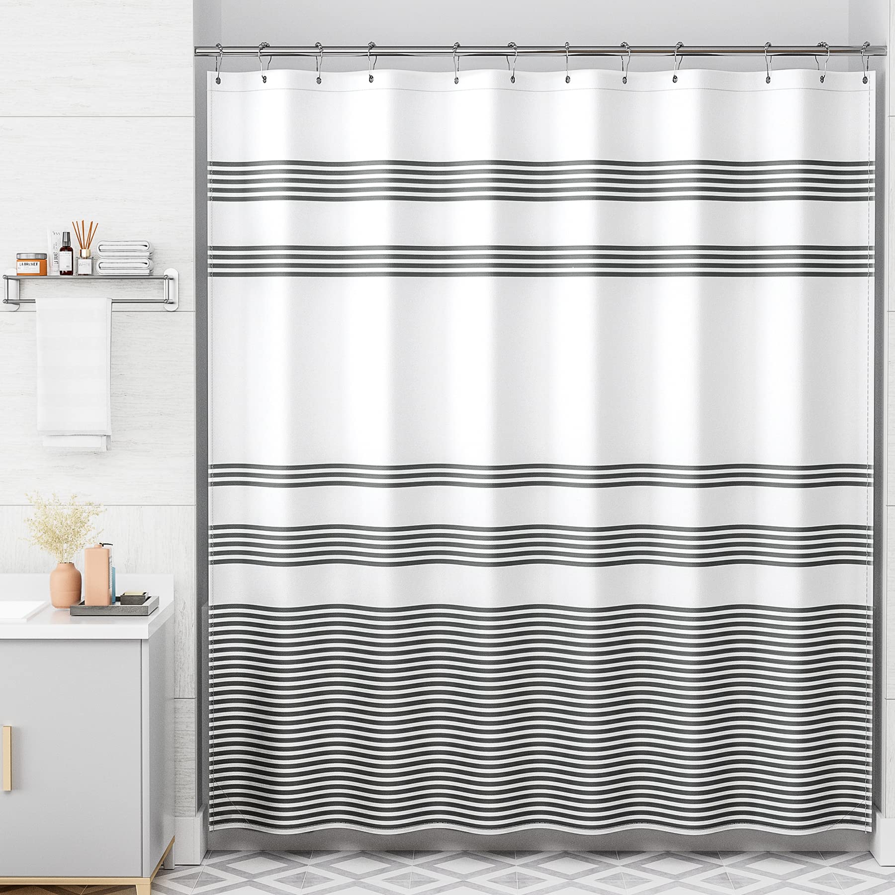 AmazerBath Washable Black & White Striped Fabric Shower Curtain Set - 72x72 Inches with 12 Rustic Hooks for Farmhouse Bathroom Decor | Waterproof & Stylish Bathroom Upgrade