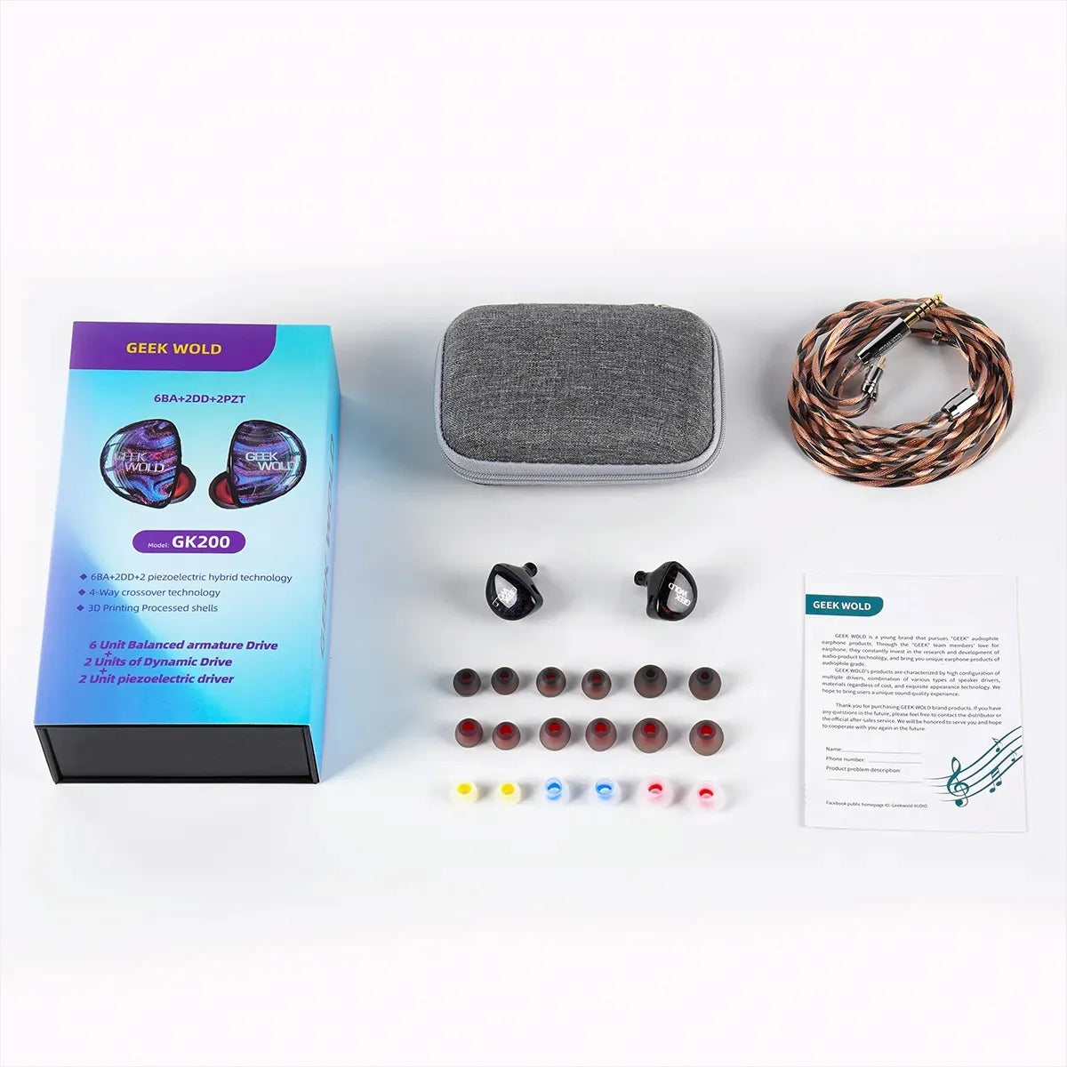 Geek Wold GK200 Hybrid Driver In-Ear Monitors - 6BA+2DD+2PZT High Resolution Earphones for Audiophiles, Musicians & Gamers - Perfect for Studio Recording, Live Performances & Gaming Sessions