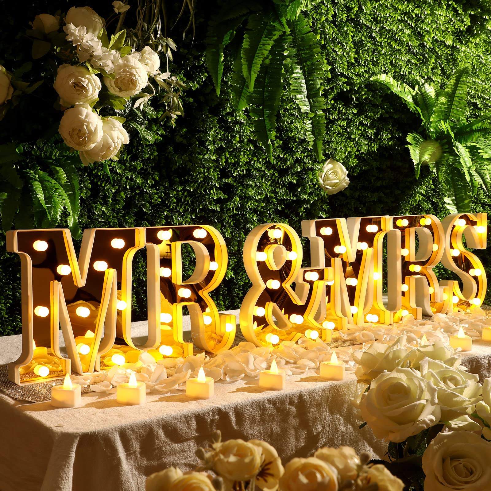 6 Pcs Mr and Mrs LED Sign with 12 Flameless LED Candles & 300 Artificial Rose Petals - Gold Wedding Table Decor for Romantic Nights, Anniversaries, and Valentine's Day Celebrations