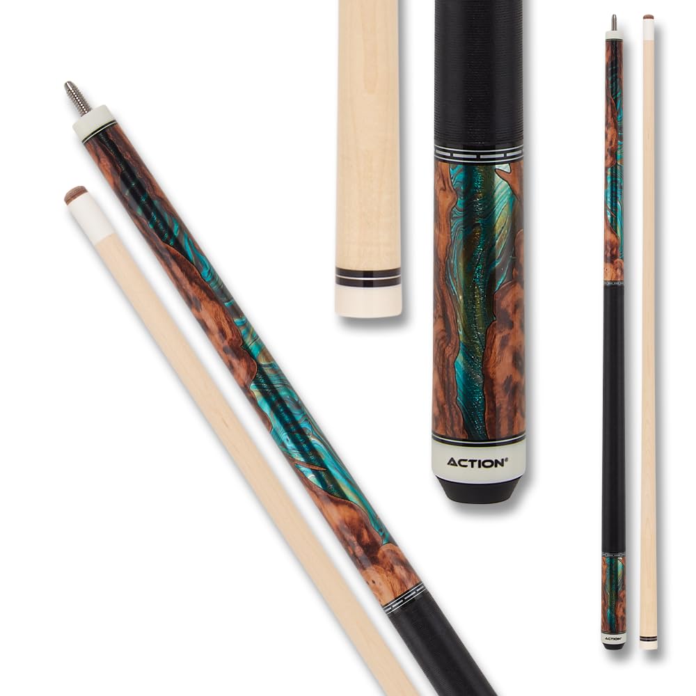 Premium Action Fractal Billiards Pool Cue Stick - Exotic Burl Wood with Green Foil Inlay | Professional Tournament & Home Game Accessory