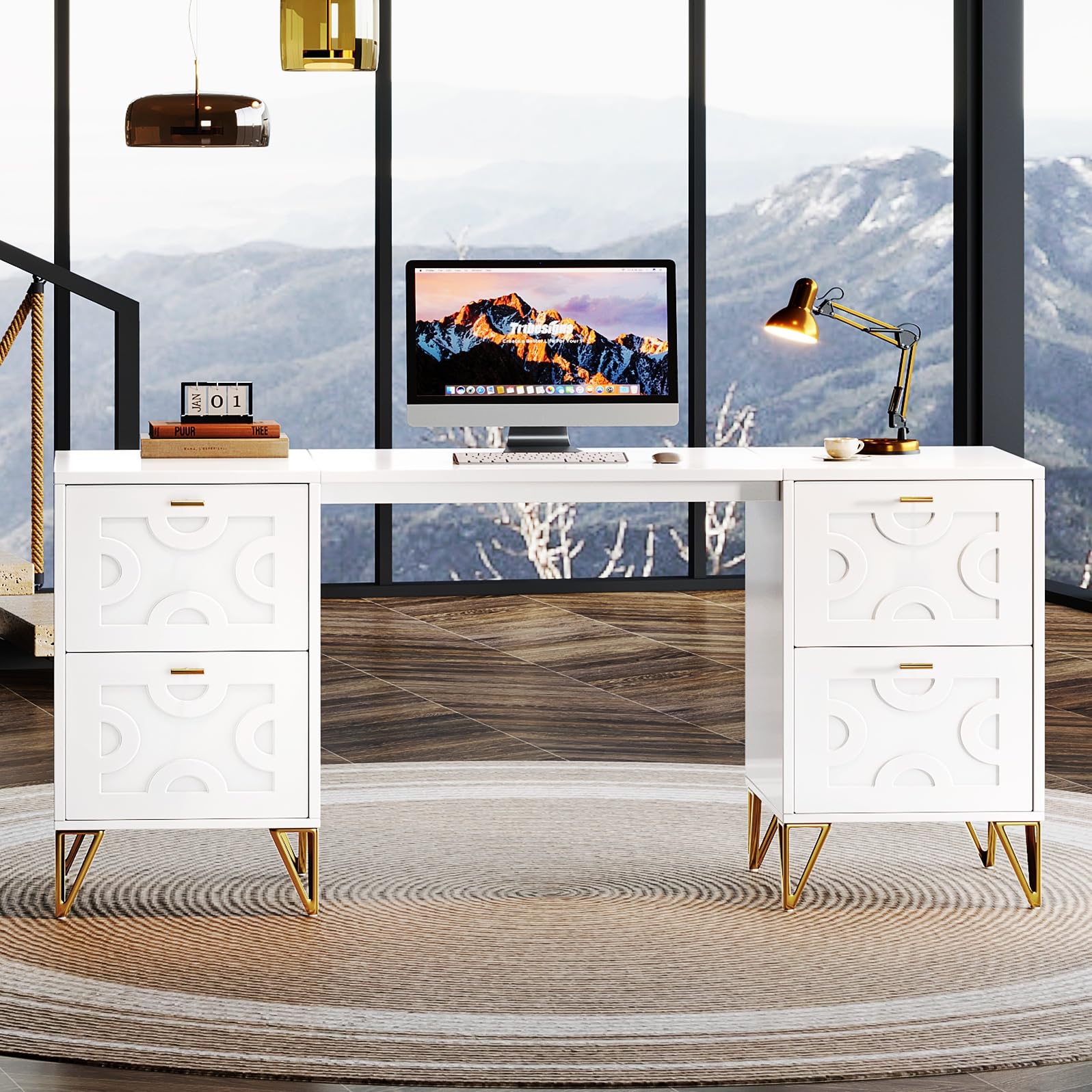 Tribesigns 59-Inch White Executive Office Desk with 4 File Drawers - Modern Writing Desk with Gold Metal Legs, Spacious Home Office Computer Desk for Work & Study - Perfect for Small Spaces & Remote Work