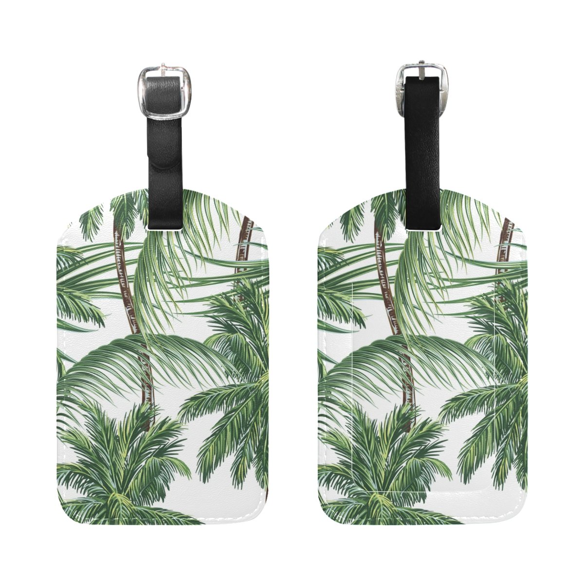 Stylish PU Leather Luggage Tag with Tropical Palm Leaves Design - Durable Suitcase ID Tag for Travel Bags, Perfect for Vacation & Business Trips