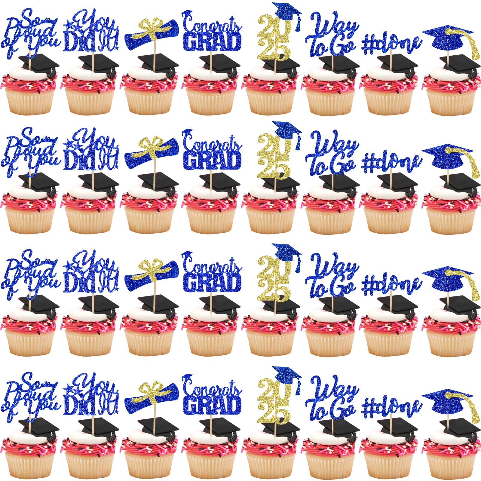 32Pcs 2025 Graduation Cupcake Toppers - Blue and Gold Congrats Grad Decorations for Class of 2025 | Perfect for Graduation Party, School Ceremony, and Dessert Table Decor