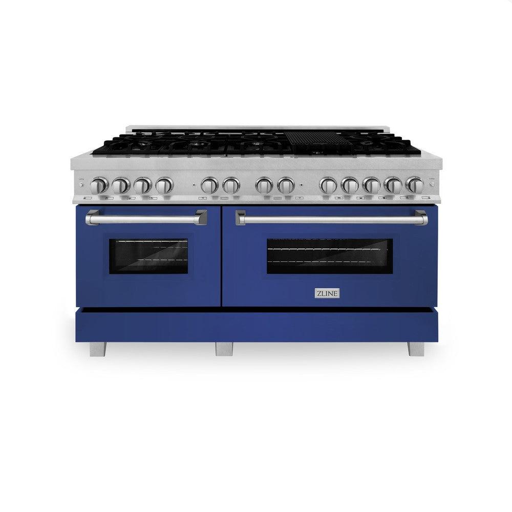 ZLINE 60-Inch 7.4 cu.ft Dual Fuel Range with 9-Burner Gas Cooktop & 2 Electric Convection Ovens - Satin Stainless Steel with Blue Matte Doors (RAS BM 60) for Professional Home Kitchens and Gourmet Cooking