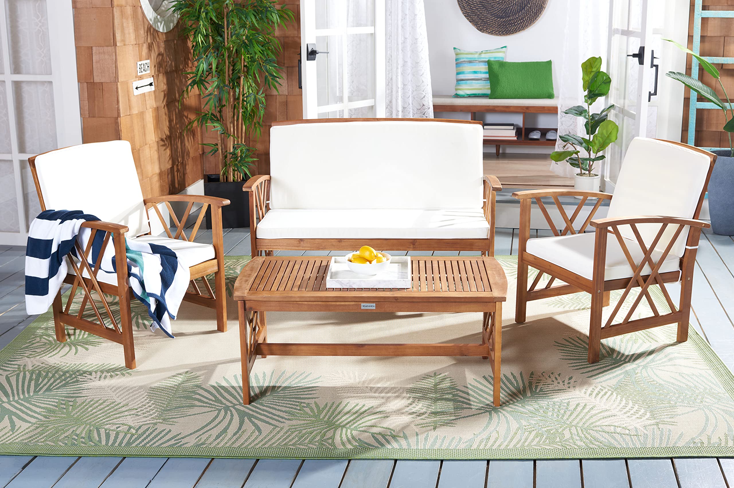 SAFAVIEH Outdoor Fontana 4-Piece Patio Set with Cushions - Natural Beige Wicker Furniture for Garden, Poolside & Backyard Relaxation