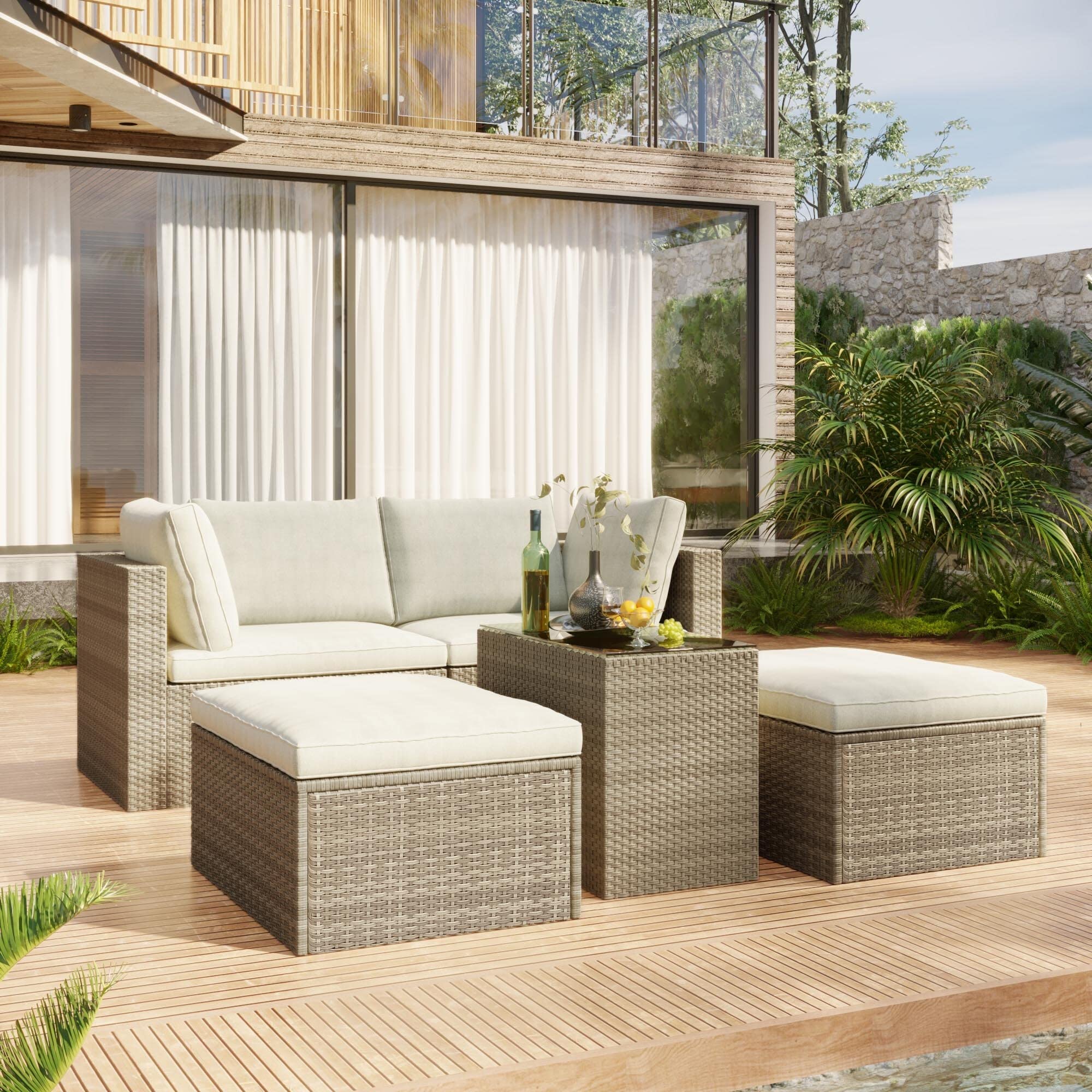 5-Piece Outdoor Patio Furniture Set - Brown & Beige Wicker Rattan Sectional Sofa with Wood Finish | Modern Contemporary Garden, Backyard & Poolside Lounge Set