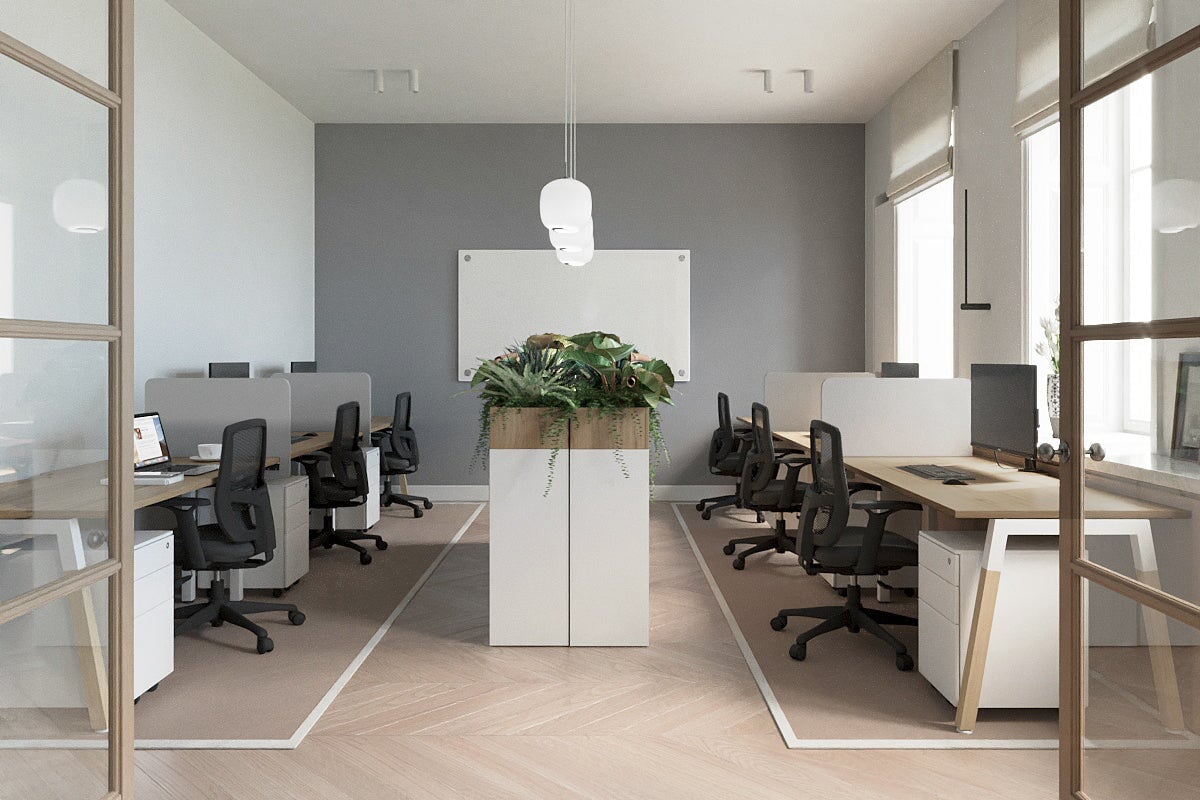 Quadro A Legs 3-Person Office Workstation with Wood Legs & Cross Beam [1600L x 700W] - Perfect for Collaborative Workspaces, Home Offices and Shared Workstations