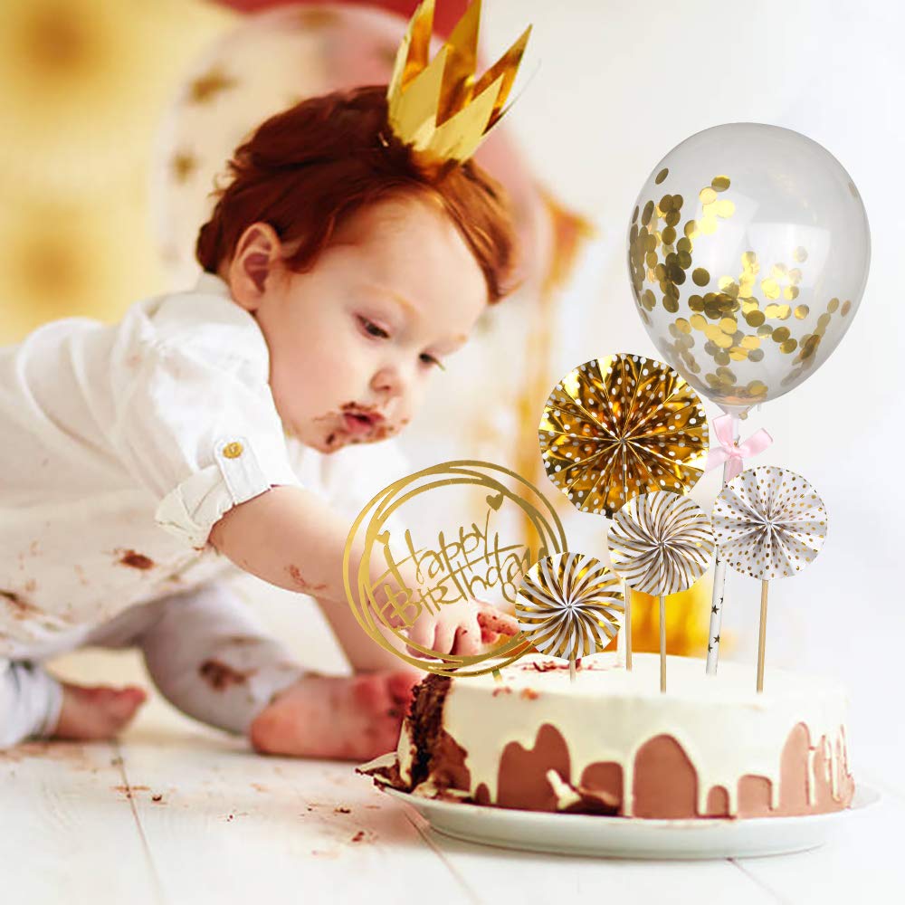 DIYASY Gold Happy Birthday Cake Topper Kit - 6PCS Acrylic Cake Decorations with Confetti, Balloons & Paper Fans | Perfect for Birthday Party Decor, Wedding Cakes & Celebration Desserts
