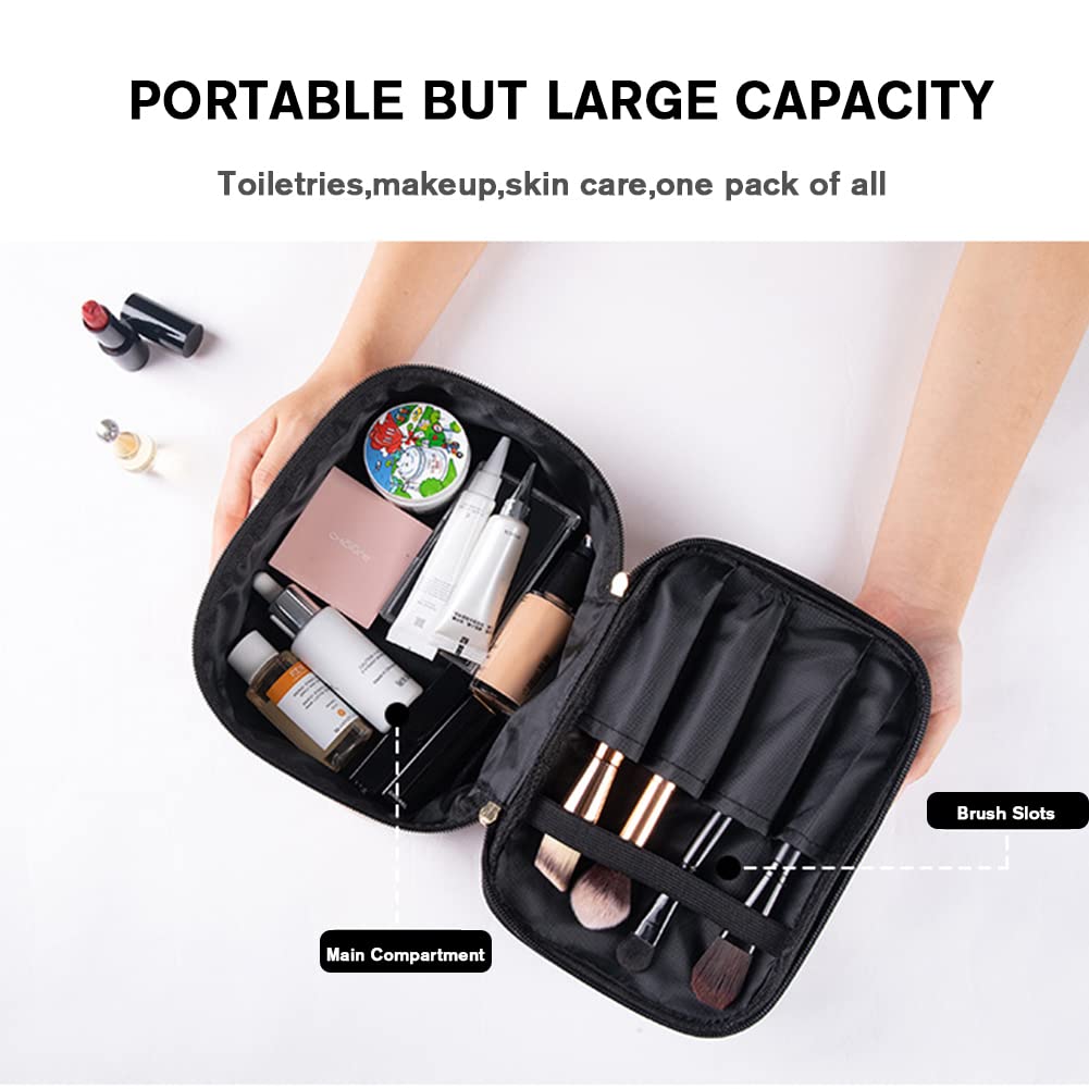 FITINI Double Layer Travel Makeup Bag - Water-Resistant Cosmetic Organizer & Toiletry Case for Women with Makeup Brush Holder, White Marble Design - Perfect for Travel, Gym, and Daily Beauty Storage