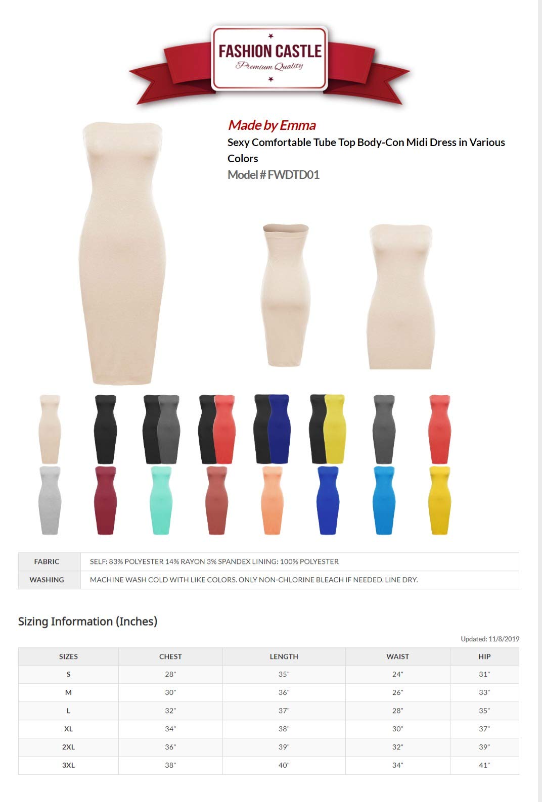 Emma Women's Sexy Comfortable Tube Top Bodycon Midi Dress - Perfect for Date Night, Cocktail Parties & Summer Vacations