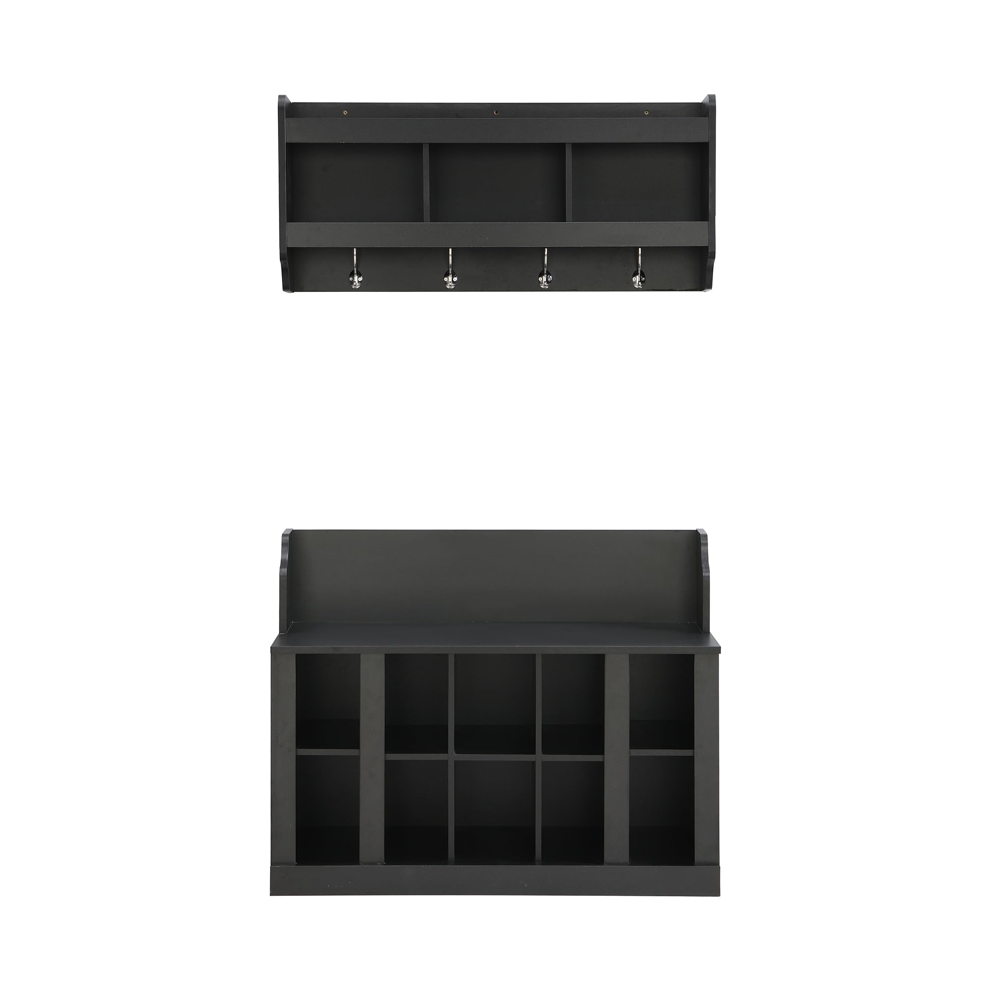 Modern Hall Tree Entryway Organizer - Coat Rack Shoe Storage Bench with Shelves & 4 Hooks, Wall Mounted Mudroom Furniture for Coats, Shoes & Accessories - Perfect for Entryways, Hallways & Small Spaces (Black)