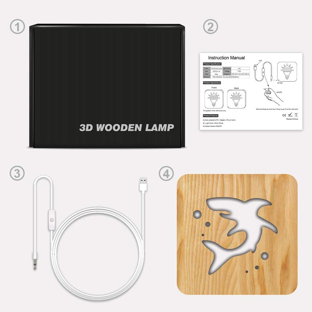 Shark Rabbit 3D Wooden LED Night Light - Modern Kids Room Decor, Creative Table Lamp for Bedroom, Nursery & Living Room - Perfect Gift for Birthday, Christmas & Home Decoration