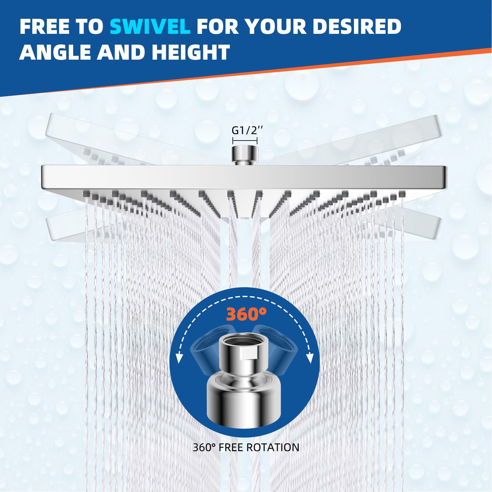 Hibbent 12 Inch Square High Pressure Rain Shower Head - Adjustable Brass Ball Joint, Chrome Finish - Luxury Rainfall Shower Head for Full Body Coverage - Perfect for Modern Bathrooms & Spa-Like Experience