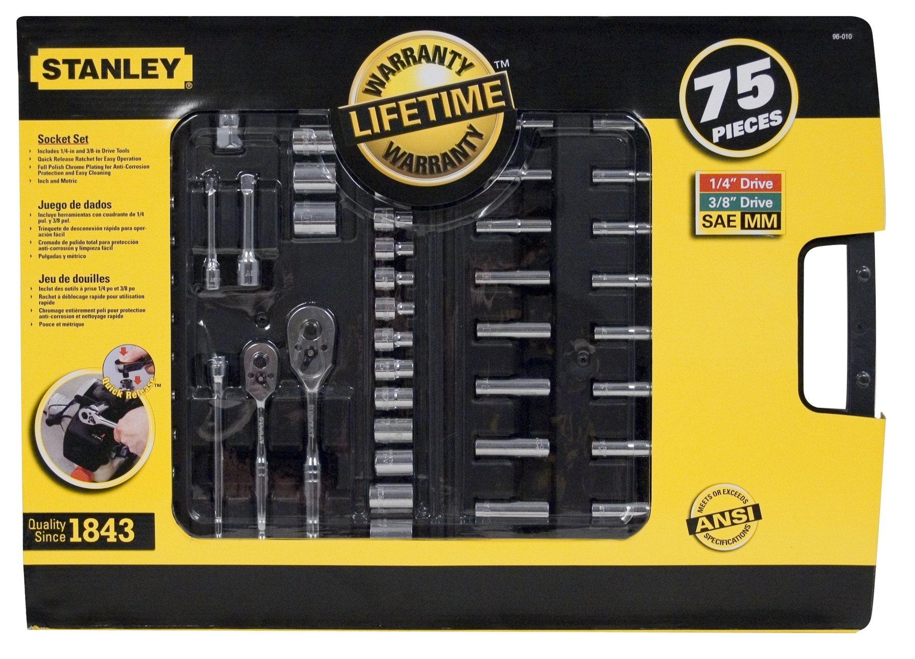 Stanley 96-010 75-Piece Professional Mechanics Tool Set with Case - Complete Automotive Repair Kit for DIY, Home & Garage Use - Perfect for Car Maintenance, Bike Repair & Household Fixes