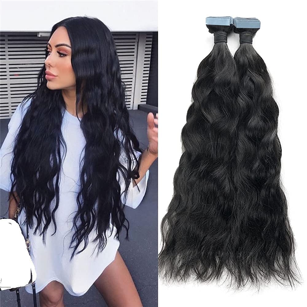 30 Inch Long Natural Wavy Tape-in Human Hair Extensions - 100% Brazilian Remy Hair with Skin Weft - 40pcs (100g) - Natural Black - Perfect for Volume, Length & Styling - Great for Parties, Weddings & Daily Wear