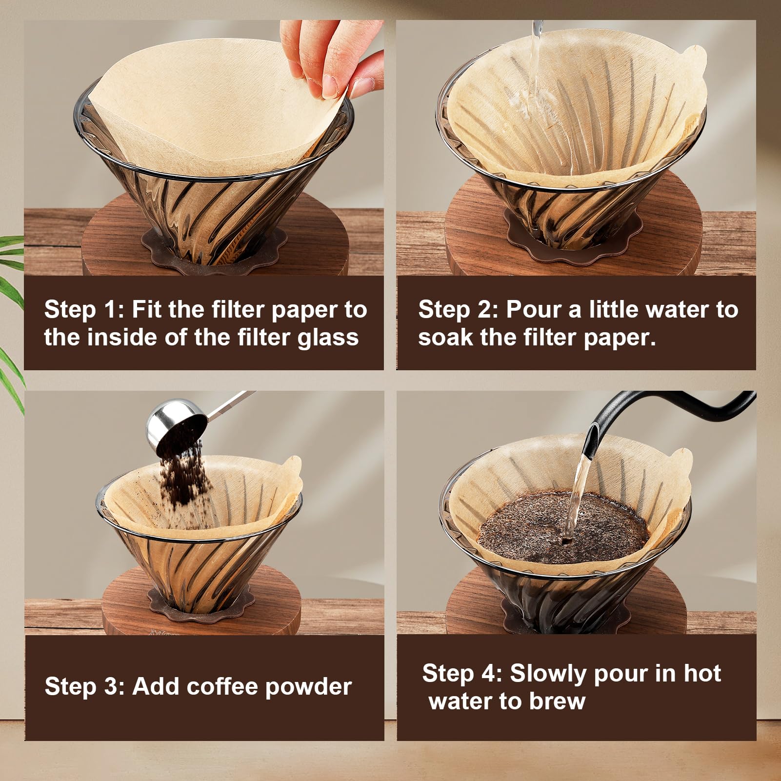 Premium Pour Over Coffee Maker Set - 20oz Borosilicate Glass Dripper with Walnut Handle & Glass Lid, Includes 100pcs V60 Paper Filters (600ml, Gray) - Perfect for Home Brewing, Café & Restaurant Use