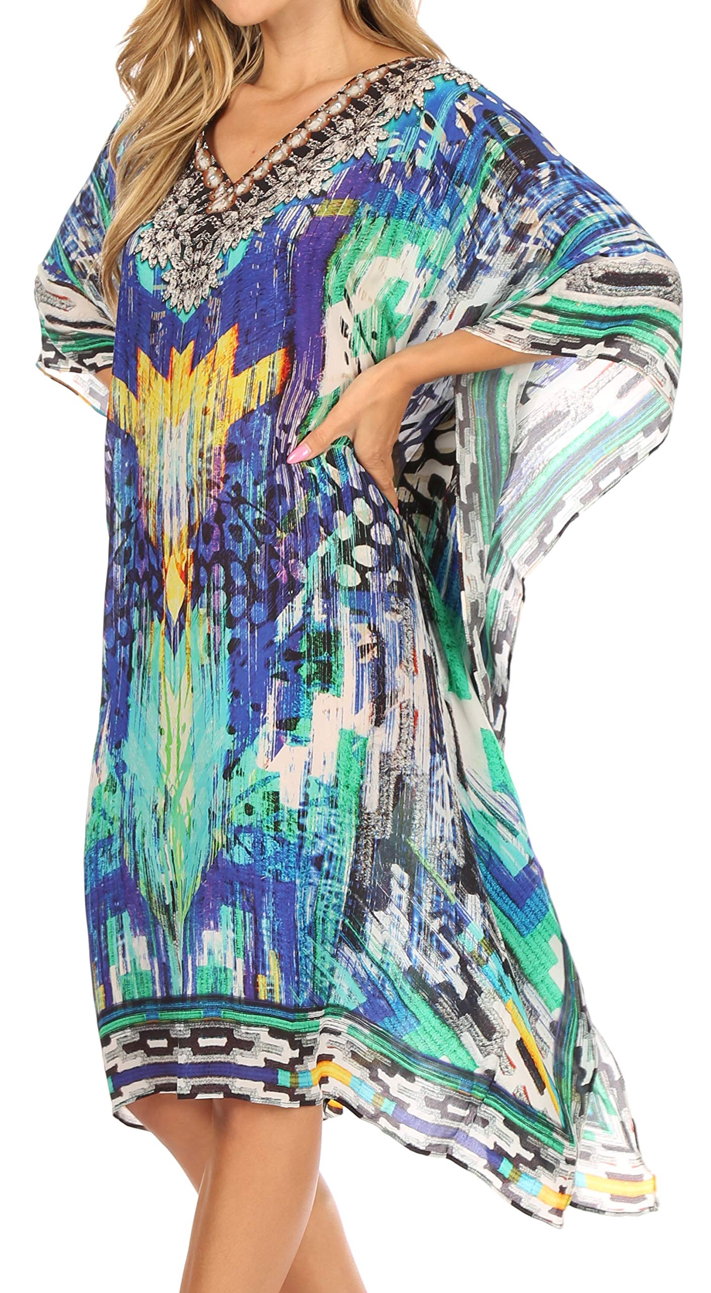 Sakkas Women's Lightweight Rhinestone V-Neck Printed Short Caftan Dress - Beach Cover Up, Pool Party, Summer Vacation Outfit