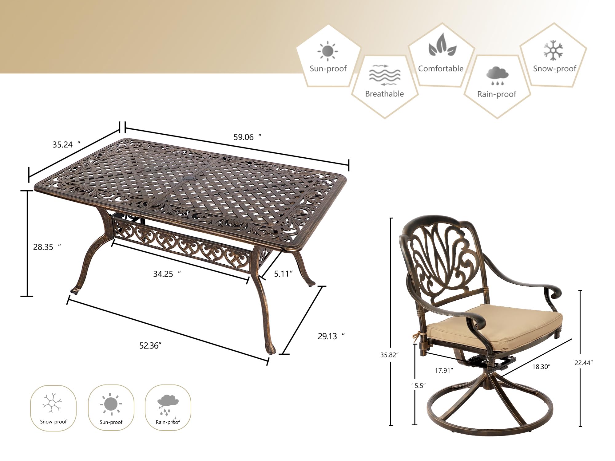 Grepatio 7-Piece Patio Dining Set - Outdoor Cast Aluminum Furniture with 4 Chairs, 2 Swivel Chairs & Umbrella Hole Table - Includes 6 Cushions (Khaki) - Perfect for Backyard, Garden, Poolside & Outdoor Entertaining