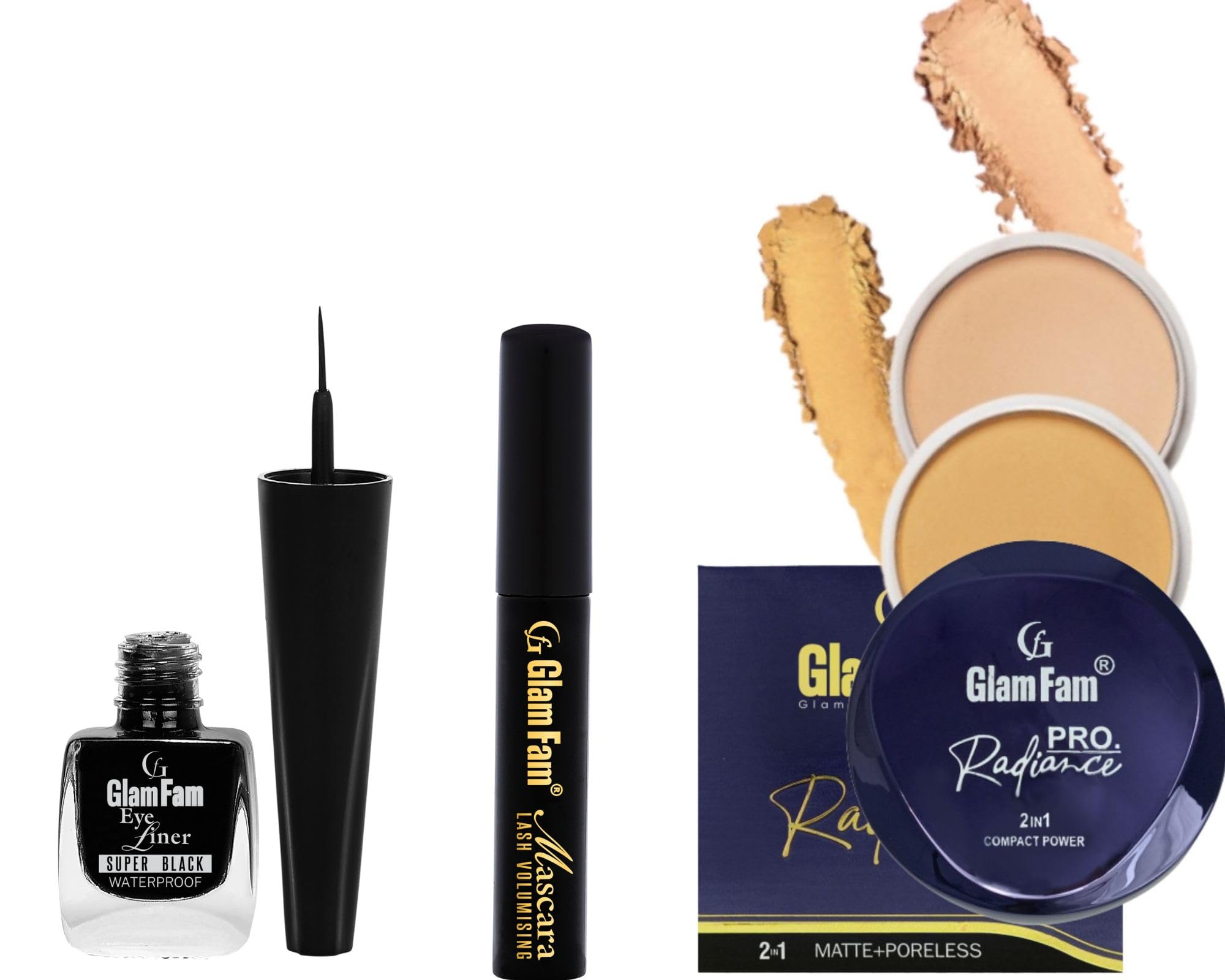GLAM FAM Pro Radiance 2-in-1 Compact Powder & Waterproof Eyeliner Mascara Set (3-Pack) - Long-Lasting Matte Finish & Smudge-Proof Eye Makeup for Daily Wear & Special Occasions