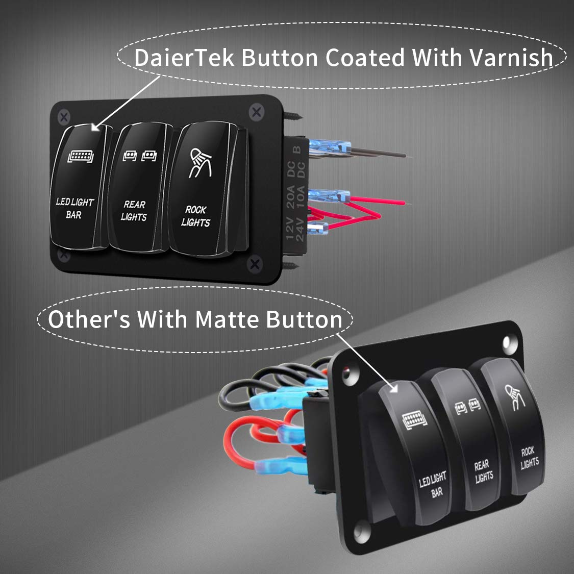 DaierTek 12V LED Light Bar Switch Panel - 3 Gang Rocker Toggle Switch for Trucks, Cars, RZR, Jeep, RV, Marine & Boats | Waterproof 12 Volt Blue Switch Panel | Perfect for Off-Roading, Camping & Marine Applications