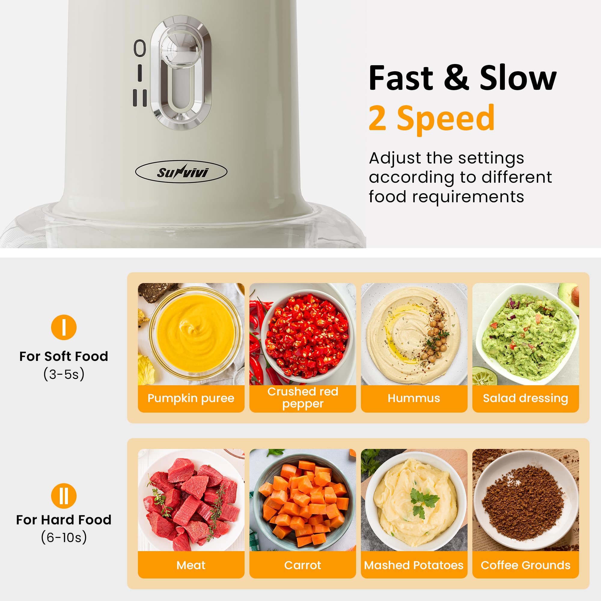 Sunvivi 4-in-1 Blender and Food Processor with 2 Speeds - 1.5L Glass Bowl & 2 Cups (0.4L+0.2L) for Grinding Meat, Peeling Garlic, Juicing - Perfect for Smoothies, Meal Prep & Kitchen Tasks (Beige)