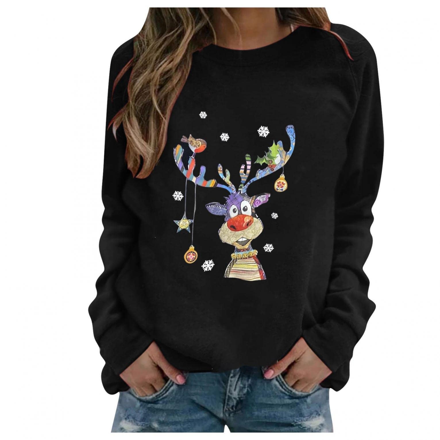 Women's Christmas Casual Cute Graphic Printed Sweatshirt - Long Sleeve Crewneck Pullover Top for Holiday Outfits & Winter Fashion