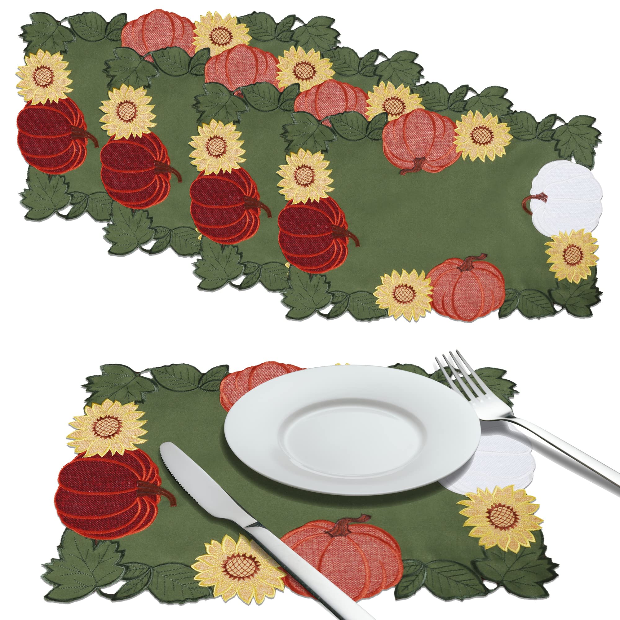 OWENIE Thanksgiving Placemats Set of 4 - 13 x 19 Inch Fall Table Mats with Pumpkin & Sunflower Designs, Autumn Farmhouse Decor for Dining Table - Perfect for Thanksgiving Dinner, Halloween Party & Seasonal Home Decoration