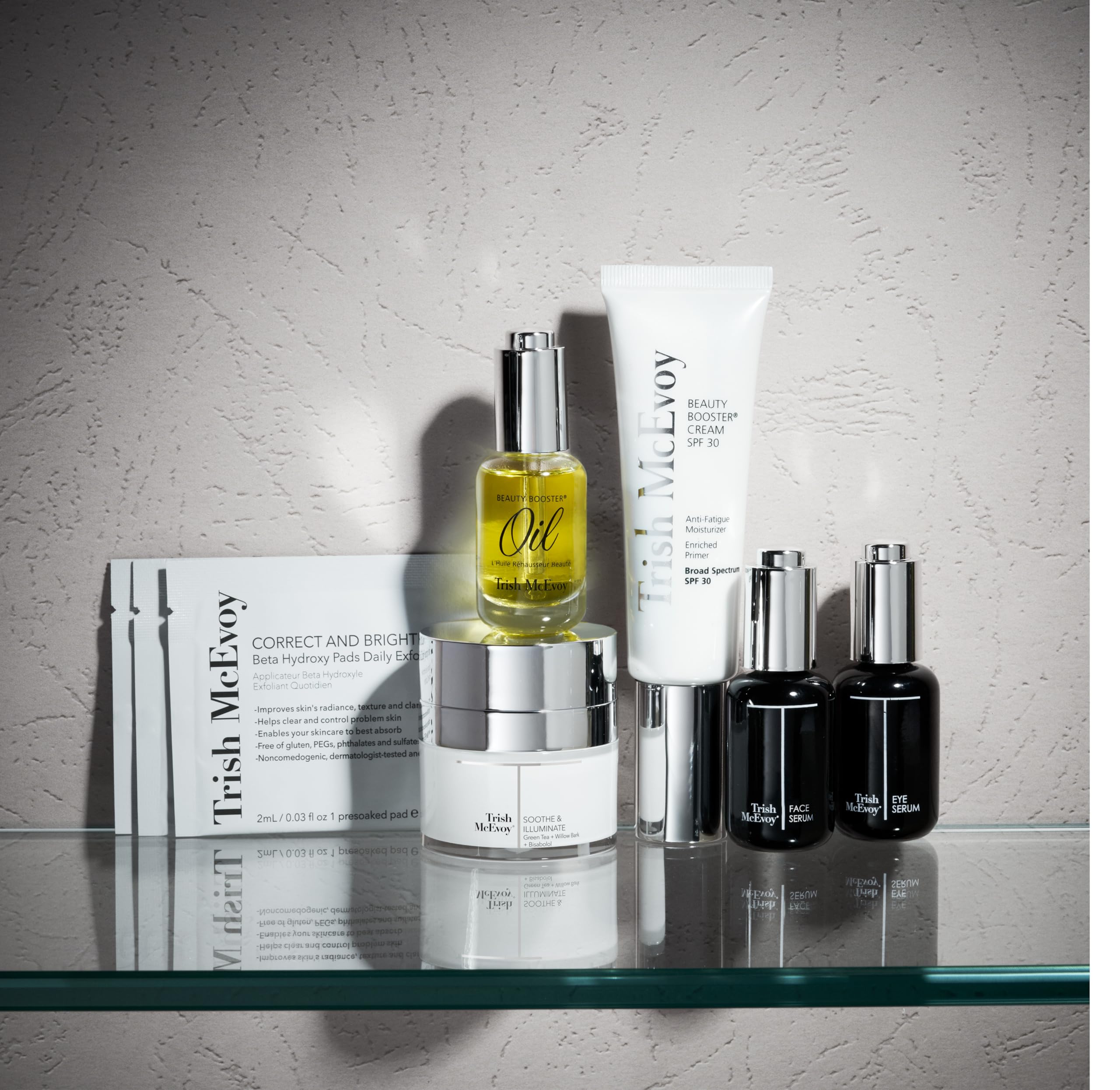 Trish McEvoy The Beauty Booster Travel Collection 6-Piece Set - Brightening Beta Hydroxy Pads, Anti-Aging Face Serum, Eye Serum, Nourishing Oil, Moisturizing Cream & SPF 30 | Perfect for Skincare Routine, Travel Essentials & Daily Beauty Regimen