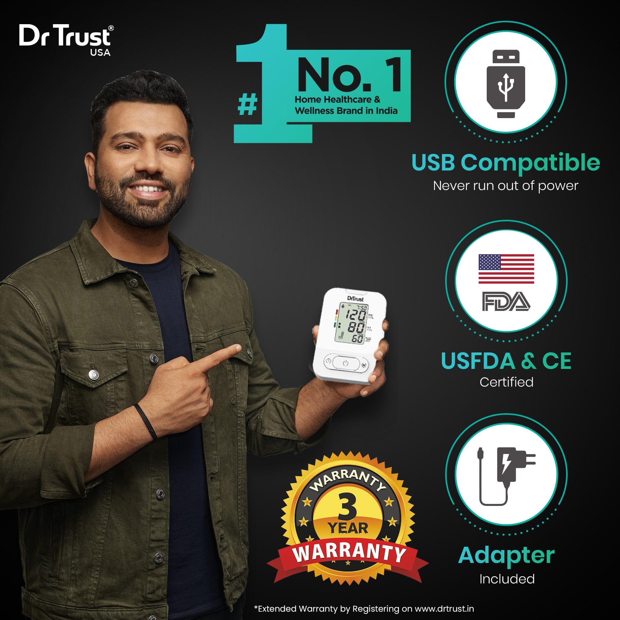 Dr Trust USA BP Check Pro Digital Blood Pressure Monitor 127 - Fully Automatic Arm Cuff with Adapter for Accurate Readings | Home Health Monitoring for Seniors & Adults | Perfect for Daily Checkups & Doctor Visits