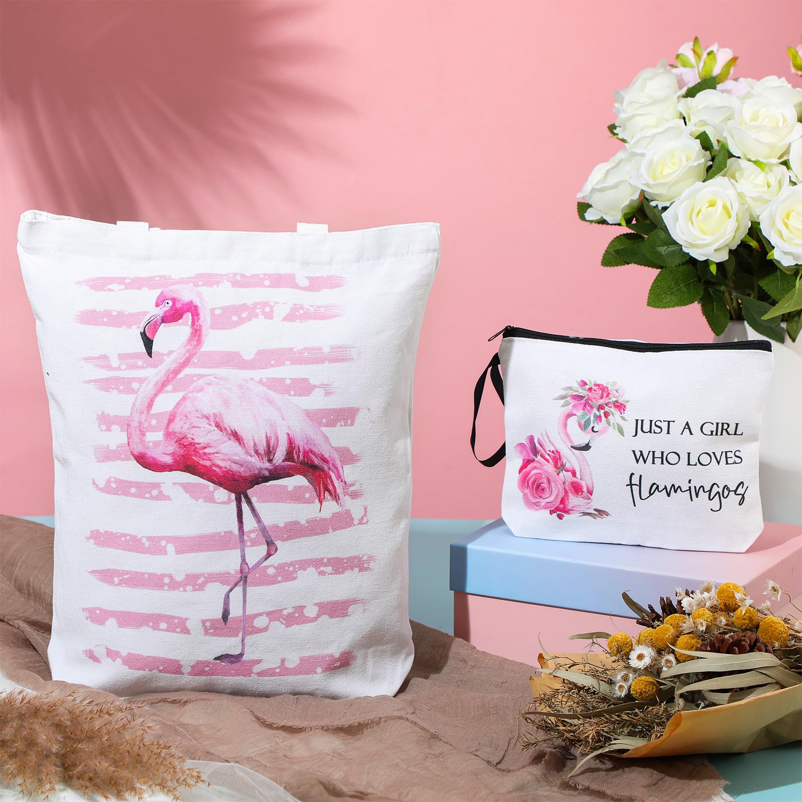 2 Pack Flamingo Canvas Tote Bags & Zipper Makeup Pouches - Cute Animal Lovers Gift Set for Women, Friends, Sisters - Perfect for Beach, Shopping & Birthday Gifts (Pink Flamingo Design)