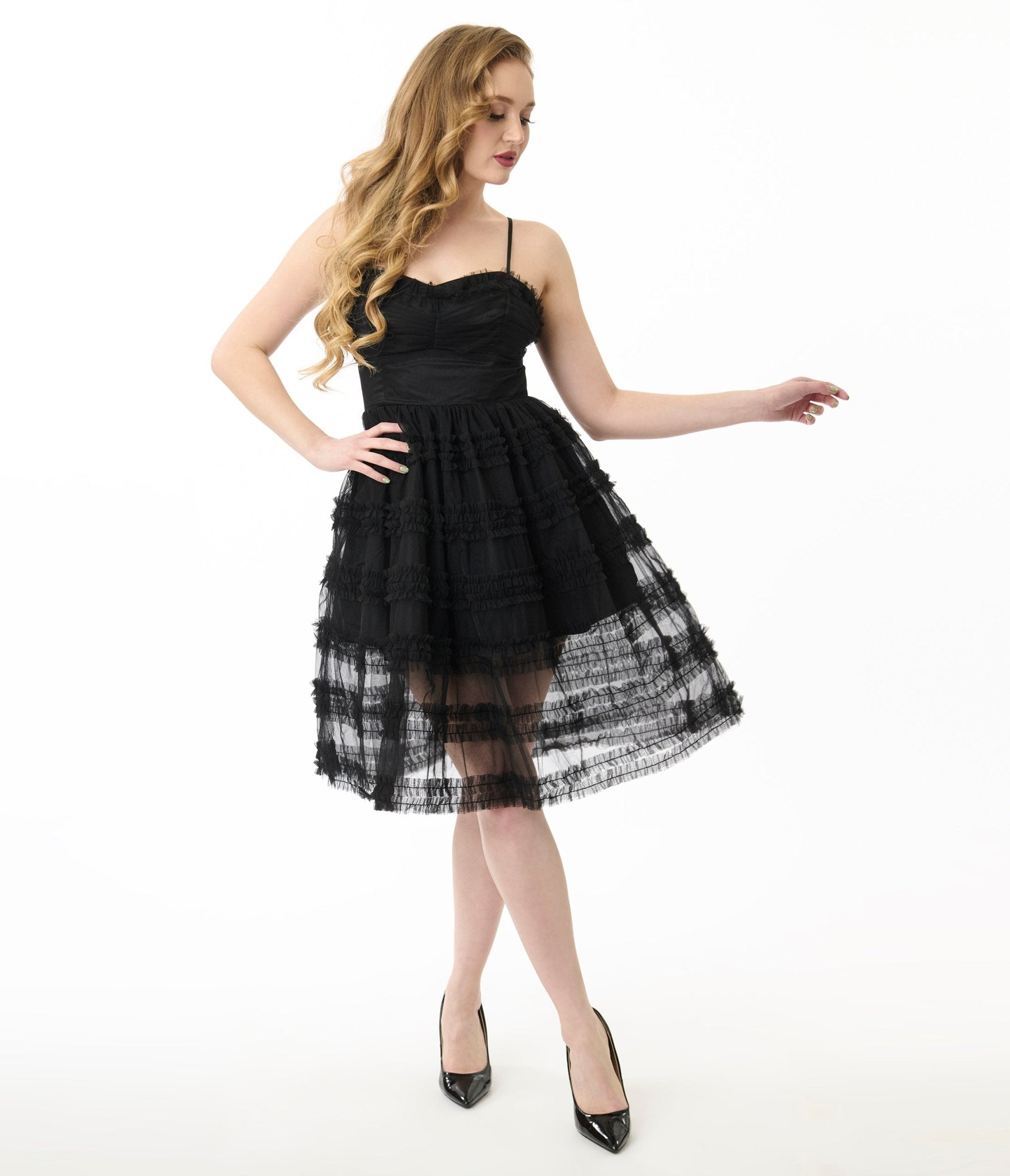 Unique Vintage Black Tiered Sheer Midi Dress for Women | Elegant Lace Flowy Party Dress | Perfect for Cocktail Parties, Date Nights & Special Occasions
