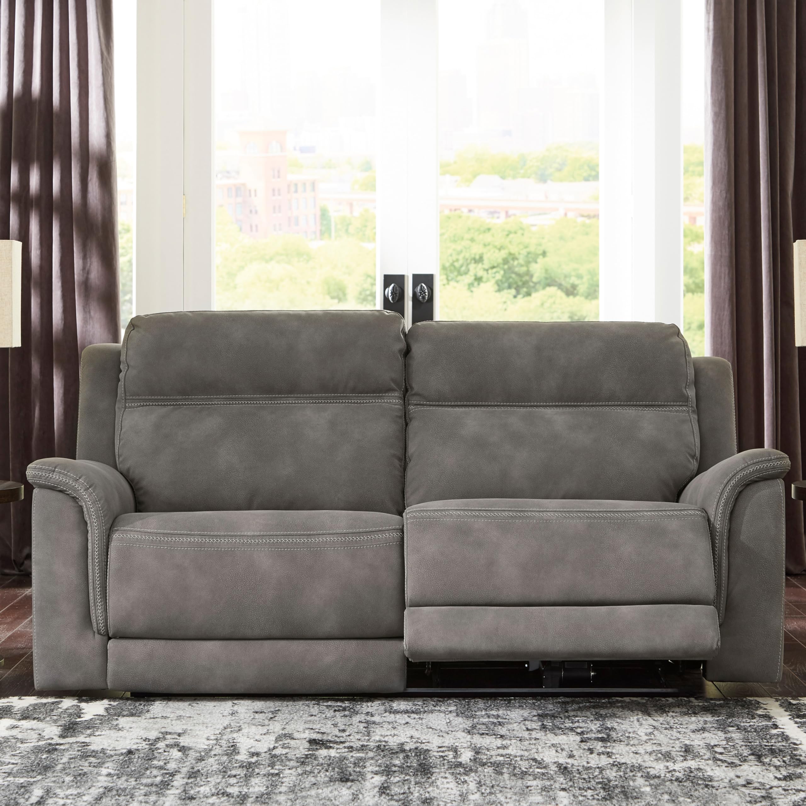 Ashley Next-Gen DuraPella Faux Leather Power Recliner Sofa with USB Charger - Zero Wall Reclining, Slate Gray - Perfect for Small Spaces & Home Theater Seating