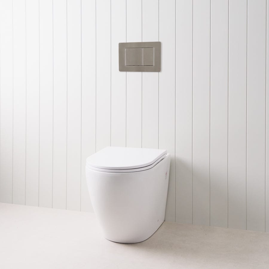 Wall-Mounted Curved Toilet with Modern Rectangle Stainless Steel Flush Buttons - Space-Saving Design for Small Bathrooms & Modern Homes