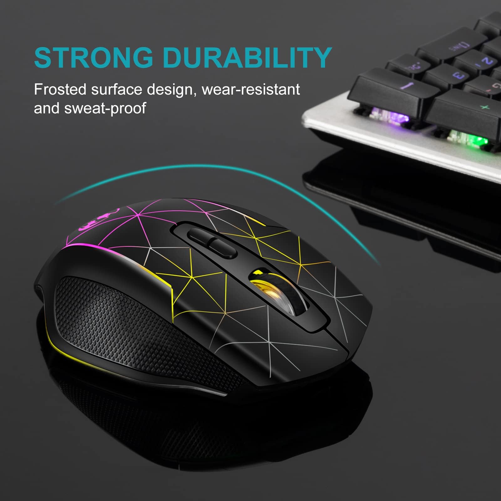 VEGCOO Wireless Gaming Mouse - Rechargeable 7-Button Silent Mouse with RGB LED Lights, 3-Level DPI Adjustable, Ergonomic Thumb Rest - Perfect for PC, Mac, Laptop & Desktop Gaming, Work & Office Use
