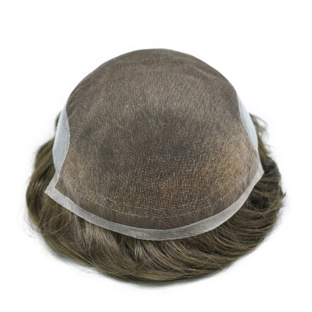 Natural Swiss Lace Men's Toupee - 100% Human Hair Replacement System with Bleached Knots & PU Base | 8x10 Inch Light Medium Density Wig (Color 7# Very Light Brown) | Perfect for Daily Wear, Special Occasions & Hair Loss Solutions