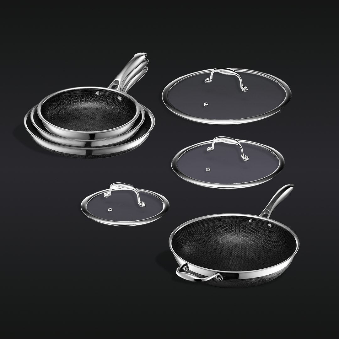 7-Piece HexClad Hybrid Cookware Set with Lids & Wok - Nonstick Stainless Steel Pan Set for Professional Cooking, Frying & Sautéing - Perfect for Home Chefs & Restaurant Use
